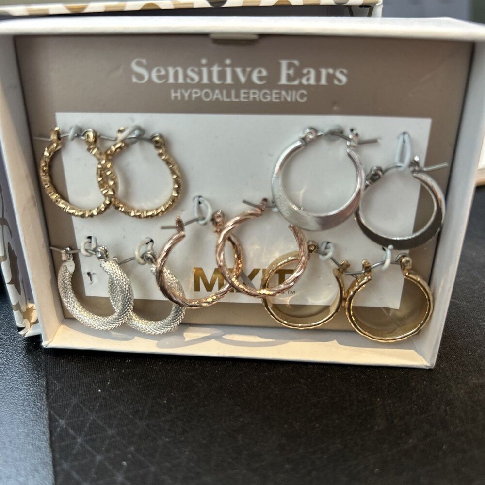 5 Pair Sensitive Ears Hypoallergenic Gold & Silver Tone Hoop Earring Set Mixit